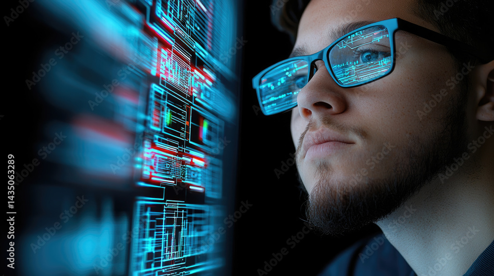 Poster Young man with beard and glasses looking at digital data interface, technology reflected in his glasses, focused expression, modern workspace, futuristic atmosphere
