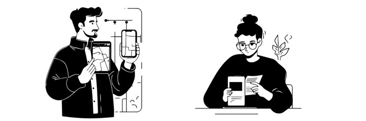 man and woman using smartphone