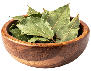 Spices bay leaves on wooden bowl isolated on white background. Suitable for marketing or business purposes. PNG file