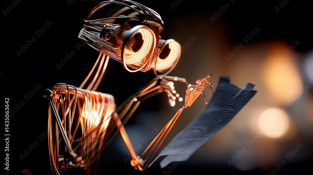 Poster wireframe robot studying a sheet of paper in dimly lit room