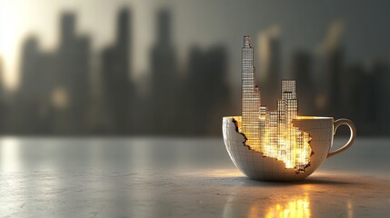 A creative concept of a city skyline emerging from a cup, blending urban and daily life.