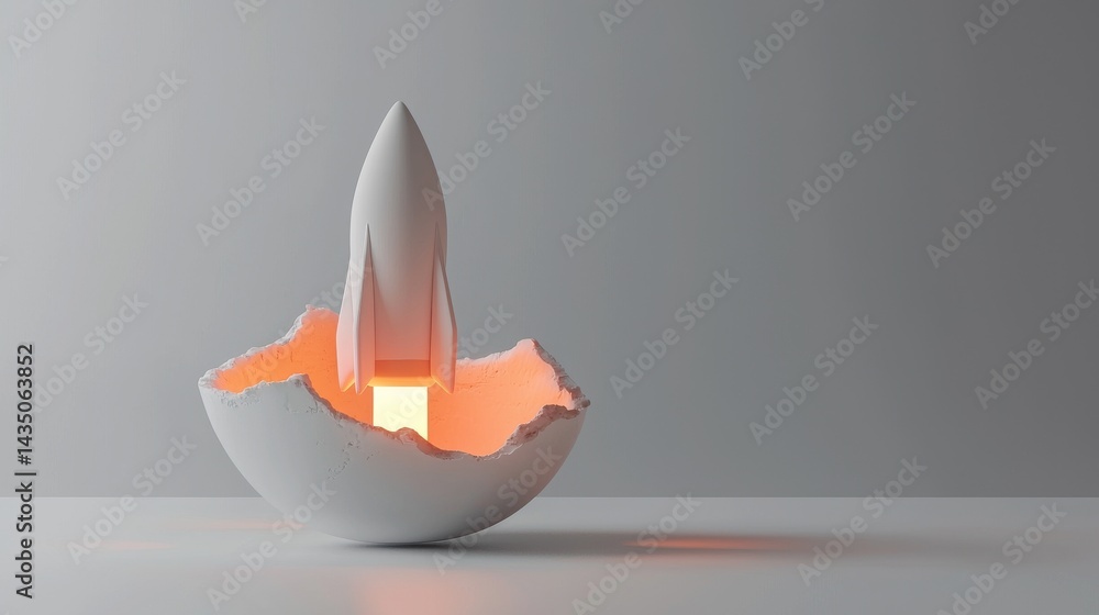 Poster a creative lamp designed to look like a rocket emerging from an eggshell.