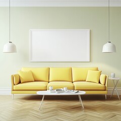 a 3D render of an interior composition that features a sofa, lamp, and white poster as part of a mock-up poster design