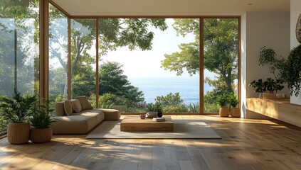 Spacious modern living room with panoramic ocean views.