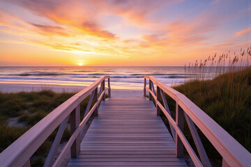 Fototapeta premium wooden boardwalk leading to the beach at sunset2