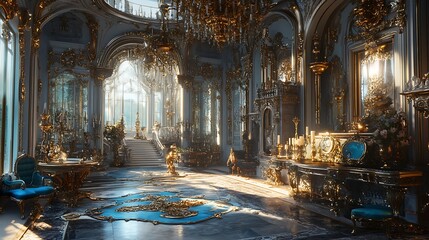 Obraz premium Lavish Rococo interiors with golden hues and detailed chandeliers in opulent spaces