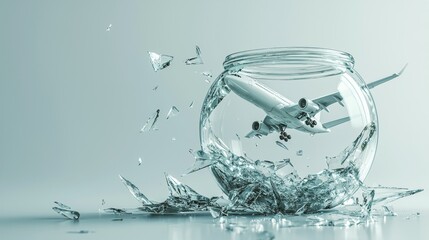 A model airplane splashes into a fishbowl, symbolizing unexpected journeys.