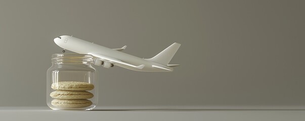 A model airplane resting on a jar filled with coins, symbolizing travel savings.