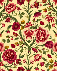 Elegant Damask wildflowers in vibrant tones create a seamless pattern.