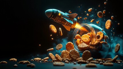 A rocket ship launching from a jar filled with cookies, creating a playful scene.