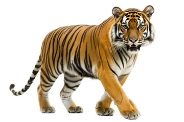 Obraz premium Fierce and focused tiger walks with authority in a striking portrait against white background