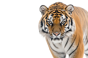 Fototapeta premium Determined tiger moves forward with powerful stride captured in dramatic white background photo