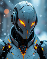 Glowing orange robotic eyes pierce through the mist in a cold high-tech snowbound environment
