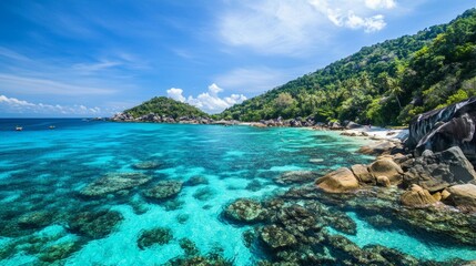 Fototapeta premium Relaxing beach adventure tropical island photography clear waters scenic view serene atmosphere