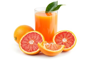 Blood Orange Juice Glass with Green Leaf and Ripe Citrus Fruit on White