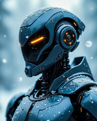 Glowing eyes shine through snow in stunning sci-fi robot design filled with high-tech details