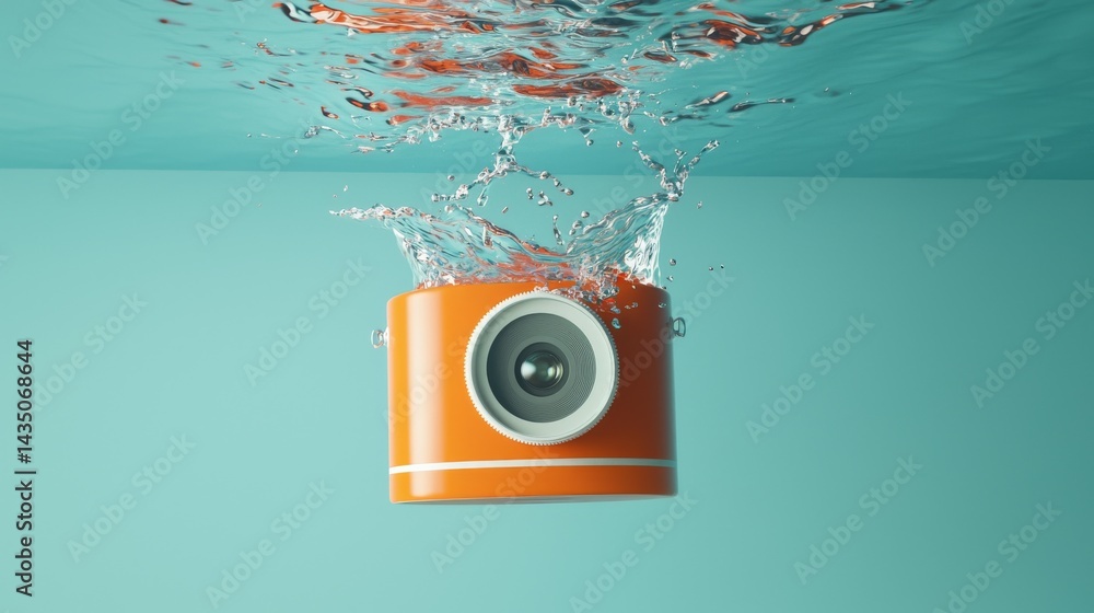 Poster a vibrant orange camera submerged underwater, creating an alluring splash effect.