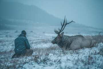 Naklejka premium Man kneeling in snow with reindeer, both looking in the same direction, under a soft sunset sky.
