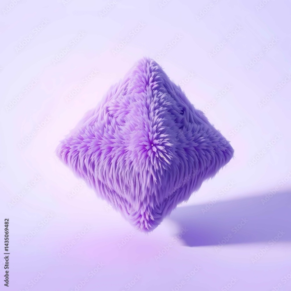 Poster a fluffy purple pillow with soft feather-like texture, floating in an abstract background, creating 