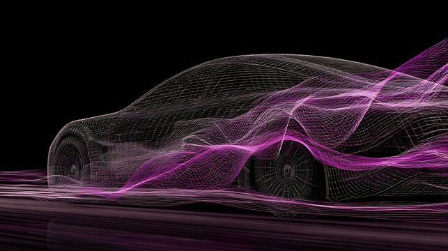 AI powered car gliding through neon data waves showcasing the future of digital mobility