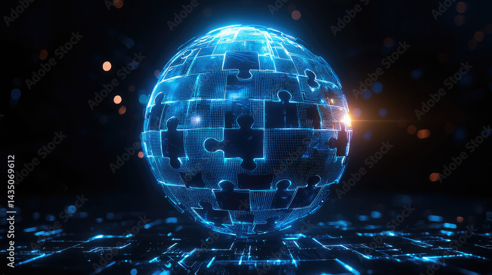 Poster futuristic digital sphere made of glowing blue puzzle pieces, floating above dark illuminated surfac