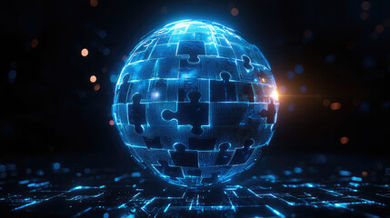 Futuristic digital sphere made of glowing blue puzzle pieces, floating above dark illuminated surface, symbolizing technology, innovation, and connection in modern world