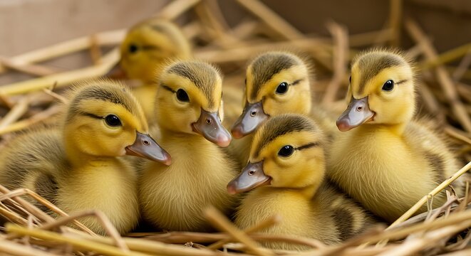 Golden Nestlings A Family of Ducklings Fuzzy Friends Newborn Ducks Little Yellow Balls Duckling Huddle Seven Tiny Ducks Safe In Their Nest  (Spring Ducklings in Chinese) AI Generated