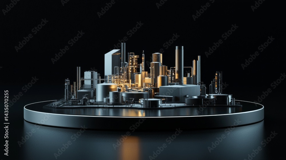 Poster futuristic cityscape model with skyscrapers and illuminated structures on a sleek base.