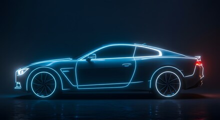 Fototapeta premium Futuristic Sport Car with Neon Glow Outline on Dark Reflective Surface