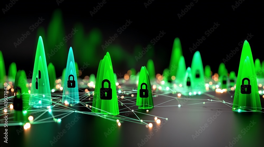 Poster abstract digital landscape with security locks. encrypted data network, protective system