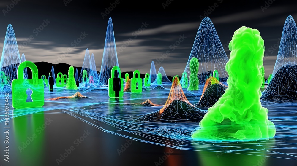 Poster abstract digital landscape depicting security and data visualization. green luminous shapes, lock ic