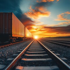Fototapeta premium Sunset Freight Train Journey: Golden Hour Logistics on Rails