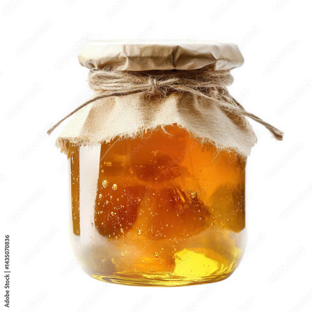 Poster jar of golden honey. sealed with a rustic cloth and twine. showcasing its natural sweetness and appealing texture this presentation highlights the product's artisanal quality. making it suitable for c