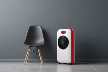 Modern Minimalist Interior Design: Black Chair and Red and White Fan Heater Against a Gray Wall