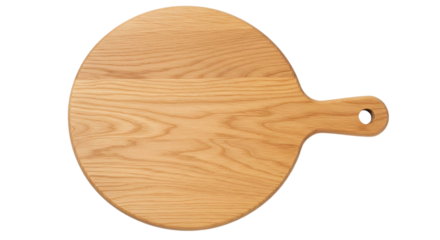 Artisan wooden round cutting board with handle on seamless white background