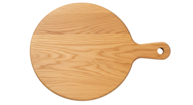Artisan wooden round cutting board with handle on seamless white background