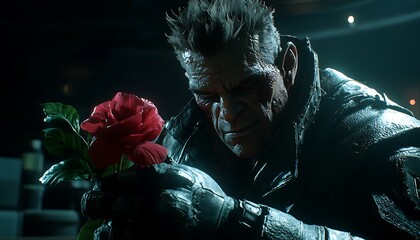 Tough Guy Holds Rose in Dark Room
