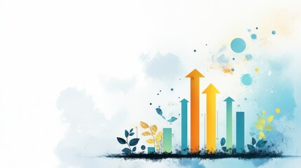 Fototapeta premium A colorful, abstract design featuring upward arrows and plants, symbolizing growth, progress, and innovation in a vibrant environment.