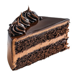 Indulgent slice of chocolate cake with rich frosting captured against a clean white background, Chocolate cake slice isolated on white and isolated on white background