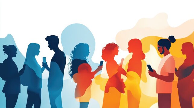 A colorful silhouette illustration of people interacting with smartphones, showcasing modern communication and connection.