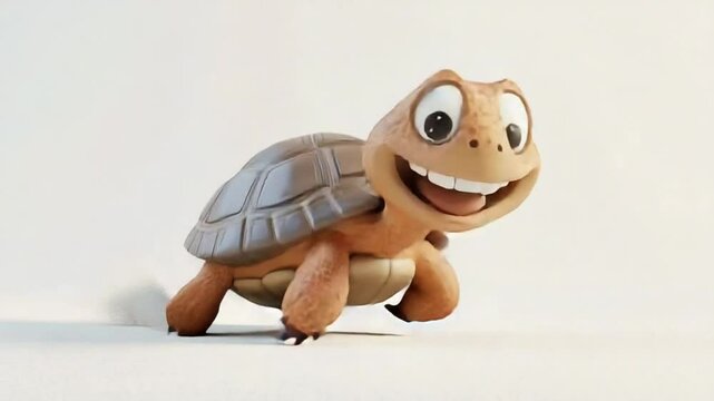 Animated Cartoon Turtle Character Running and Smiling on a White Background Scene