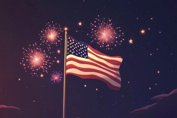 Flat vector design with US flag waving and layered fireworks behind, glowing stars and sparkles on a dark sky backdrop
