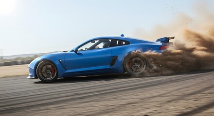 Fototapeta premium Blue Sports Car Drifting on Racetrack Kicking Up Dust with Motion Blur