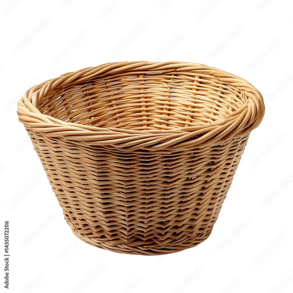 Poster woven wicker basket with a rounded shape and open top. showcasing its natural material and craftsman
