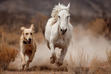 Fototapeta premium dogs running in the desert, kicking up sand under clear blue skies with sparse vegetation scattered around them.