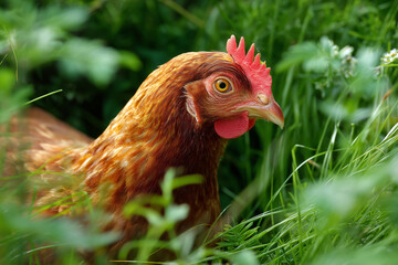 Hen foraging in the grass in the countryside