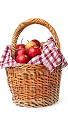 Wicker Basket Filled with Red Apples and Pears, Covered by a Red Checkered Cloth