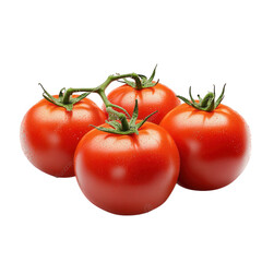 four ripe red tomatoes still on their vine. showcasing their glossy surfaces and droplets of water. indicating freshness the tomatoes are arranged closely together against a clean. white background. e