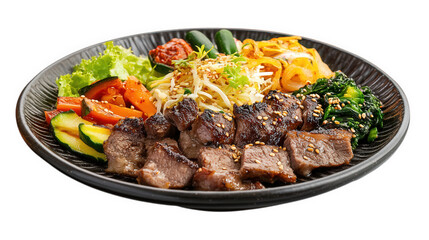 a delicious dish featuring grilled steak pieces served alongside a variety of colorful vegetables. including greens. bell peppers. and sprouts. arranged on a black plate the dish is garnished with ses