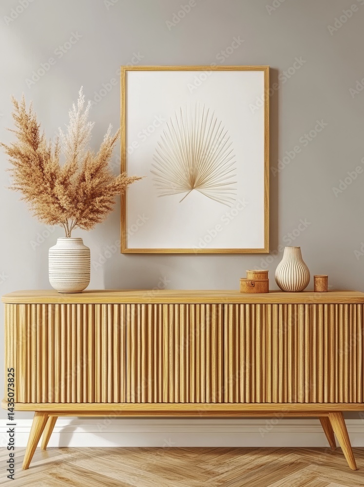 Aufkleber a 3d render and illustration of a mock-up poster frame positioned on a retro chest of drawers with a
